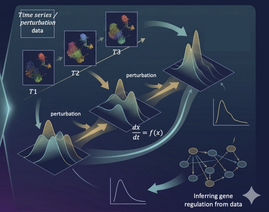 Time-series perturbation data (T1→T2→T3) → Neural ODE dx/dt=f(x) → infer gene regulatory dynamics
